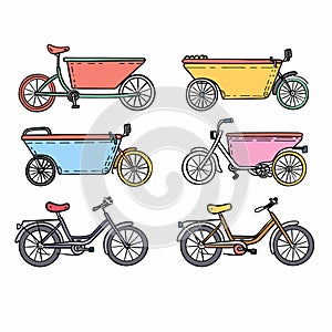 Four colorful cargo bicycles illustration isolated white background. Pedalpowered vehicles