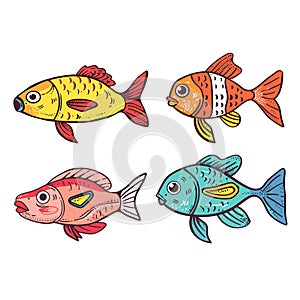 Four colorful cartoon fish floating, diverse patterns scales. Playful tropical fish illustration