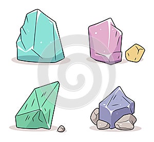 Four colorful cartoon gemstones with different shapes and sizes. Hand-drawn crystals collection for games or education