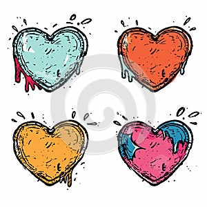 Four colorful dripping hearts handdrawn style, distinct blue, red, yellow, pink hues photo