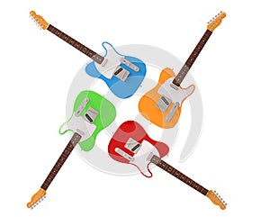 Four colorful electric guitars