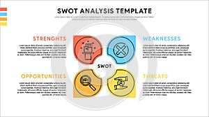 Four colorful elements with text inside placed around circle. Concept of SWOT-analysis template or strategic planning technique.