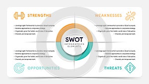 Four colorful elements with text inside placed around circle. Concept of SWOT-analysis template or strategic planning technique.