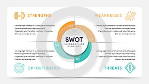 Four colorful elements with text inside placed around circle. Concept of SWOT-analysis template or strategic planning technique.