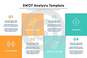 Four colorful elements with text placed around rectangle. Concept of SWOT-analysis template or strategic planning technique.