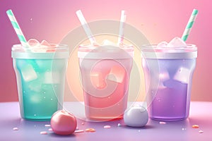 Four colorful glasses of ice cream with a pink background. AI generation