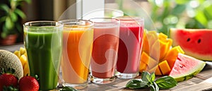 four colorful homemade smoothies, orange juice, green juice