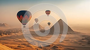 Four Colorful Hot Air Balloons Above The Egyptian Pyramids in Giza, Egypt - Generative AI