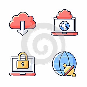 Four colorful icons depict cloud computing, global network, data security, and