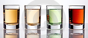 Four colorful liquids in various glasses on a table