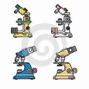 Four colorful microscopes vector illustrations, different color schemes. Laboratory science