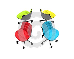 Four colorful office chairs on white background
