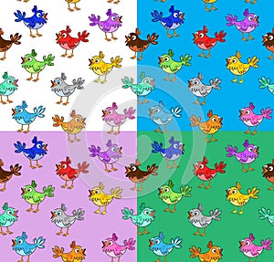 Four colorful patterns with funny cartoon birds.