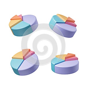 Four colorful pie charts, financial analysis concept on empty white background