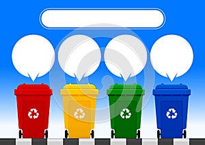 Four colorful recycle bins isolated on blue background, white speech bubbles for copy space and template print, red, yellow, green