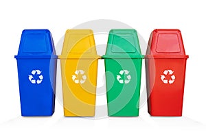 Four colorful recycle bins isolated on a white background