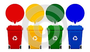 Four colorful recycle bins isolated on white background, bin and speech bubbles for copy space template, red, yellow, green