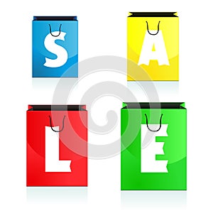 Four colorful shopping bags bearing the sale