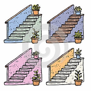 Four colorful sketches staircases potted plants, different hues textures suggesting variety photo