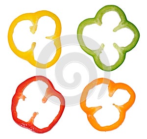 Four colorful slices of bell pepper