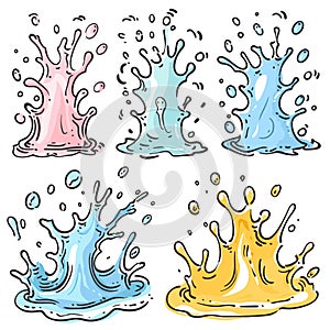 Four colorful splashes liquid cartoon doodle vector set. Handdrawn pink, blue, cyan, yellow splash