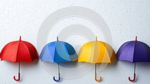Four colorful umbrellas in the rain against white background, weather-themed design photo