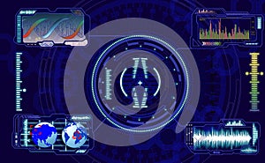 Four control panels, with settings and indicators, controls on a dark blue background. GUI Graphical User Interface concept