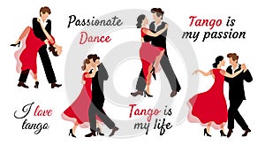 Four couples in different poses dance tango. Man and woman dancing passionate dance in flat style. Vector illustration for