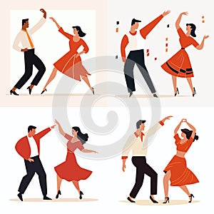 Four couples in different poses dancing salsa or tango. Men and women in vintage style dance attire enjoying Latin