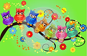 Four couples of owls sitting on branches. Nice elements for scrapbook, greeting cards, invitations, Valentine\'s cards etc