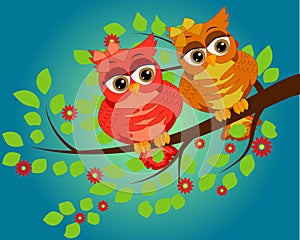 Four couples of owls sitting on branches. Nice elements for scrapbook, greeting cards, invitations, Valentine\'s cards etc