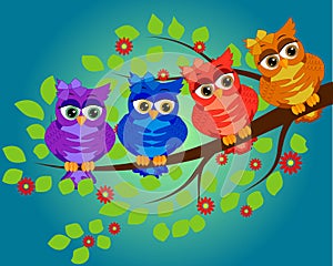 Four couples of owls sitting on branches. Nice elements for scrapbook, greeting cards, invitations, Valentine\'s cards etc