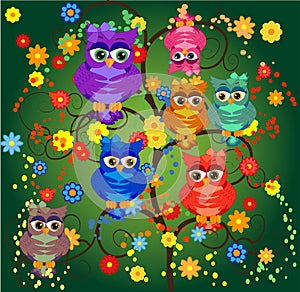 Four couples of owls sitting on branches. Nice elements for scrapbook, greeting cards, invitations, Valentine\'s cards etc