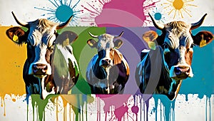 four cow each painted in a different array of bright, rainbow colors, with splashes of paint surrounding them