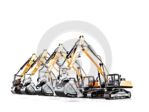Four crawler excavators parked in line on white