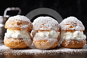 four cream puffs dusted with powdered sugar