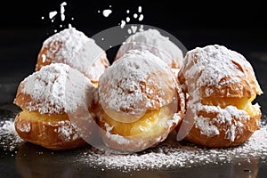 four cream puffs dusted with powdered sugar