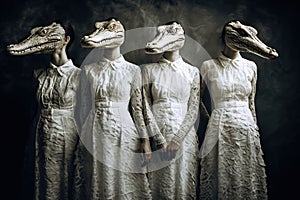 Four crocodiles in long white dresses , concept of Formal attire, created with Generative AI technology