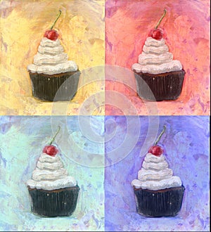 Four Cupcake with vanilla frosting cherry on top oil painting
