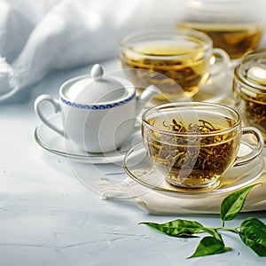 Four cups of flowering tea on a saucer, placed on a table