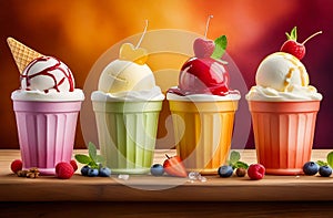 Four cups with various soft ice cream are on the table, delicious ice cream in paper cups packaging templates collection photo