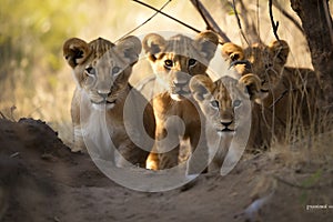 Four cute baby lion cubs looking with curious eyes at savanna grassland in the afternoon, protecting wildlife and biodiversity