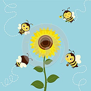 Four cute bees fly to the sunflower to collect nectar. Vector, cartoon style.
