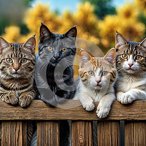 Four cute beige and red cats peek through the fence