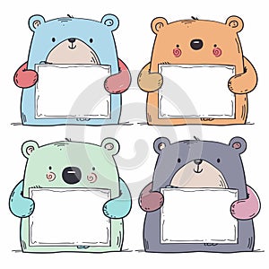 Four cute cartoon bears hold blank signs ready personalization. Bears pastel colors smile while photo