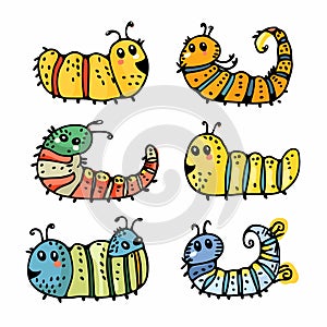 Four cute cartoon caterpillars, various colors, patterns playful childrens illustration. Handdrawn