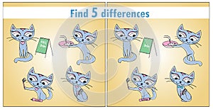 Four cute cats. Children's game Find 5 differences