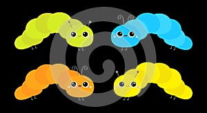 Four cute crawling catapillar bug set line. Cartoon funny kawaii baby animal character. Caterpillar insect icon. Colorful bright