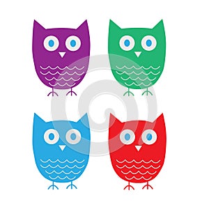 Four cute owls of different colors