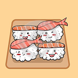 four cute sushi in kawaii style with smiling faces. Japanese traditional cuisine dishes. Can be used for t-shirt print, sticker,